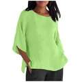 Dettaglio della camicetta da donna in cotone e lino verde lime con maniche a 3/4 - Taglia S / Top / verde brillante