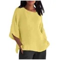 Vista dettagliata della camicia gialla in cotone e lino da donna con maniche a 3/4 - Taglia S / Top / Curcuma
