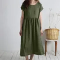 Relaxed fit olive green cotton linen midi dress featuring a pleated waist design - S / Army Green