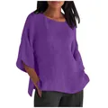 Casual purple cotton linen blouse featuring three-quarter sleeves and a round neck design - S / Tops / Purple Blue