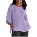 Close-up view of a light purple linen-style blouse featuring round neck and 3/4 sleeves - S / Tops / Light Purple