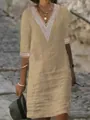 Elegant casual khaki cotton linen dress with V-neck lace trim and half sleeves - S / Dark Khaki