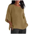 Camicia casual in cotone e lino da donna con scollo rotondo e maniche a tre quarti - Taglia S / Top / Cammello