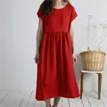 Loose fit red cotton linen midi dress with round neck and pleated waist detail. - S / Red
