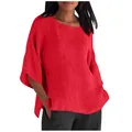 Vista dettagliata della camicia in cotone e lino rossa con maniche a 3/4 e girocollo - Taglia S / Top / Rosso n. 28