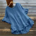 Elegante blusa azul holgada de algodón y lino con detalles de volantes en dobladillo. - S / Tops / Azul zafiro