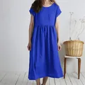 Casual blue cotton linen midi dress with round neck and short sleeves for summer - S / Sapphire Blue