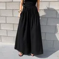 Women's stylish solid black wide-leg linen pants for a cool summer casual look - One Size / Bottoms / Black