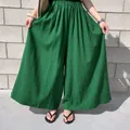 Green wide-leg linen culottes for women, summer casual trousers with elastic waist. - One Size / Bottoms / Green