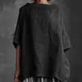 Haut pour femme élégant et minimaliste en coton et lin avec col rond de couleur noir uni - S / Hauts / Noir