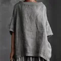 Haut femme ample en coton et lin gris avec col rond et manches courtes pour l'été - S / Hauts / Gris