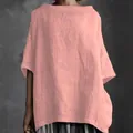 Lockeres Damen T-Shirt aus Baumwollleinen in Uni Rosa mit Rundhalsausschnitt für den Sommer. - Rosa