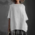T-shirt ample minimaliste en coton et lin blanc pour femme avec design à col rond élégant - S / Hauts / Blanc