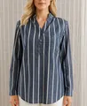 Detailed macro view of women's blue vertical striped long-sleeved blouse with V-neckline - S / Tops / Blue