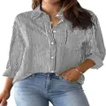 Front view of a women's loose-fit vertical striped long-sleeved button-down blouse - Gray