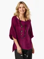 Dettaglio di una maglia viola in cotone e lino con maniche a 3/4 e scollo rotondo - Taglia S / Top / Viola