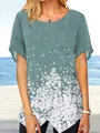 Camiseta de algodón y lino para mujer con estampado floral, cuello redondo y abertura - S / Tops / Verde