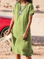 A detail shot showing the side slit of a casual green short sleeve midi dress for women - Light Green