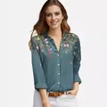 Elegante camicia a fiori verde acqua con maniche lunghe e colletto a rever da donna - 3XL / Top / Teal