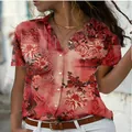 Detailed view of women's short-sleeve shirt with vintage red floral print and lapel collar - S / Tops / Orange Red