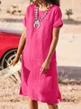 Casual pink round-neck dress with side slits and a distinct crinkle texture. - Rose Red