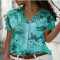 Detail view of teal floral print women's short-sleeve slim fashion shirt with lapel collar - S / Tops / Green