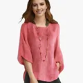 Top casual in cotone e lino rosa con scollo rotondo e maniche a 3/4 per donna alla moda - Taglia S / Top / Rosa