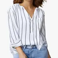 Classic white long sleeve blouse with black vertical stripes, V-neckline and chest pocket - S / Tops / White