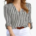 Grey and black vertical striped casual V-neck shirt for women, buttoned design - S / Tops / Light Gray