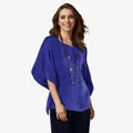 Elegante camicetta blu in cotone e lino da donna con scollo rotondo e maniche 3/4 - Blu