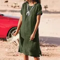 Elegant casual dark green crew neck short sleeve midi dress with side slits for women - Army Green