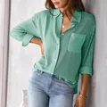 Camicia a righe verdi da donna, camicetta professionale casual larga a maniche lunghe - Taglia S / Top / Verde