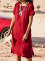 Women's casual red short-sleeve midi dress with side slits and bohemian necklace - S / Dresses / Red