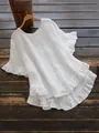 Élégante blouse blanche ample en coton et lin avec ourlet à volants et manches courtes - S / Hauts / Blanc