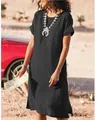 Bohemian style black short sleeve round neck midi dress with elegant side slits - S / Dresses / Black