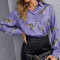 Stilish women's long sleeve lapel button-up blouse with realistic tiger print in purple - XS / Tops / Purple