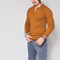 Casual slim fit cotton Henley long sleeve shirt for men in trendy burnt orange color - S / Tops / Khaki