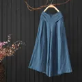 Losse blauwe katoen-linnen culottes voor dames met elastische hoge taille - M / Bottoms / Grijsblauw