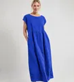 Vibrant blue sleeveless loose cotton linen dress featuring convenient side pockets. - Sapphire Blue