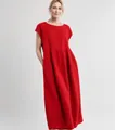 Detail view of red sleeveless cotton linen maxi dress with side pockets - Red