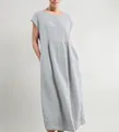 Detail view of a loose-fitting light blue sleeveless cotton linen midi dress with pockets - Light Gray