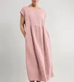 Detailed view showing the texture and side pockets of this pink sleeveless linen dress - S / Top And Bottom / Pink