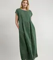 Detailed view of dark green sleeveless loose cotton linen maxi dress with pockets - Army Green