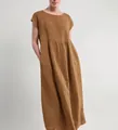 Loose sleeveless brown cotton linen maxi dress with side pockets and relaxed fit design - S / Top And Bottom / Khaki