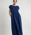 Casual dark blue sleeveless loose cotton linen maxi dress with pockets - Navy Blue