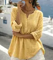 Camicetta casual in cotone e lino giallo con pieghe e bottoni in un contesto costiero - 3XL / Top / Giallo