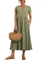 Abito lungo casual verde oliva a maniche corte per donna con tasche ed elastico in vita - Taglia S / Verde chiaro