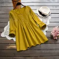 Tunica in cotone e lino giallo senape con pieghe frontali e dettaglio bottoni - Taglia M / Top / Giallo