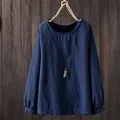 Chemisier décontracté en coton et lin bleu marine à manches longues pour femme - S / Hauts / Bleu Marine