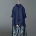 Damen Hemdbluse aus Baumwolle und Leinen in Marineblau mit Rüschensaum - Marineblau
